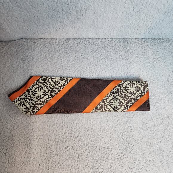 Sears Mens Shop Floral Striped Print Brown Orange Necktie 70s Vintage - Picture 5 of 6